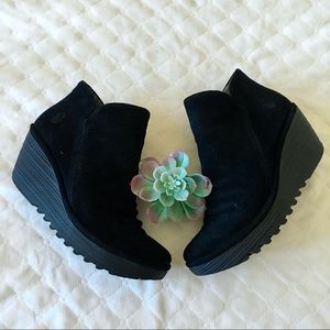 Fly London Black Suede Yip Wedge Booties
